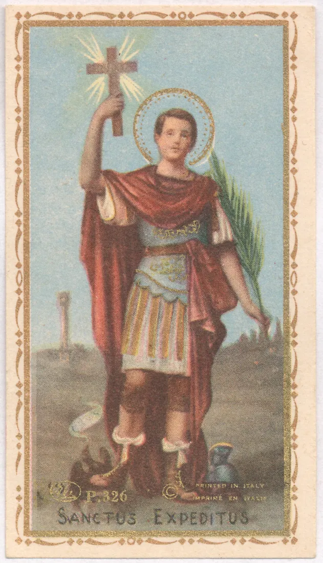 St. Expedite as a Roman soldier, holding up a cross in a burst of light, a palm in his other hand